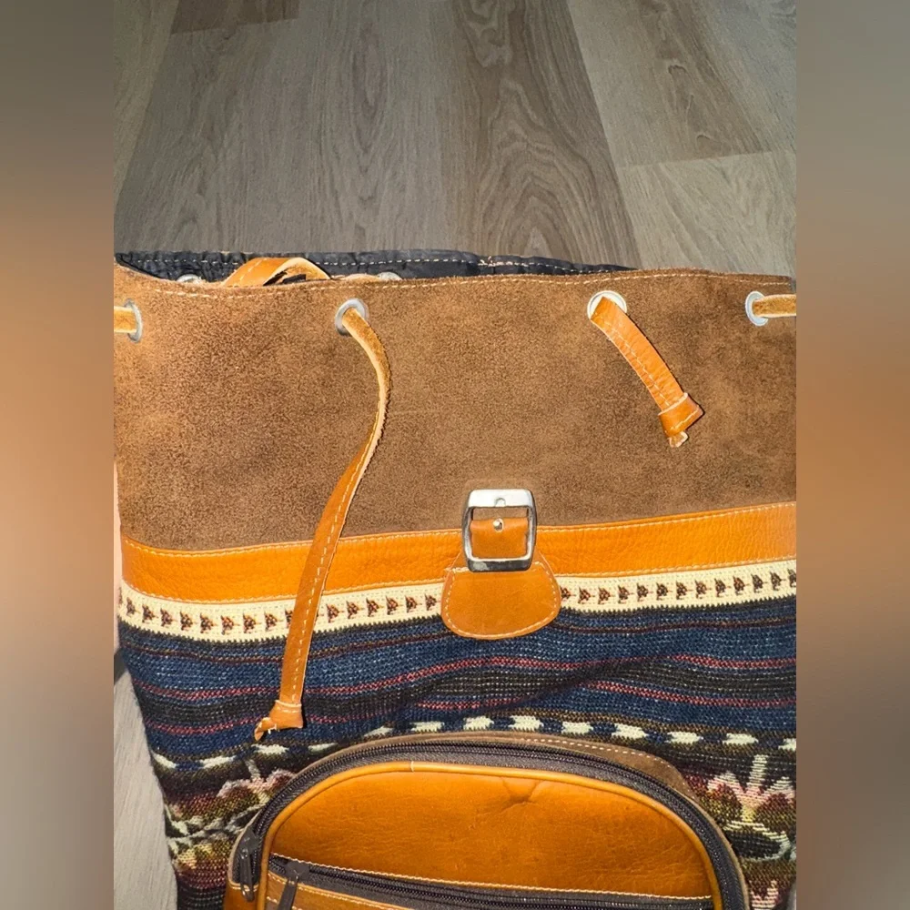 Western Leather Brown & Blue Boho Aztec Drawstring Backpack